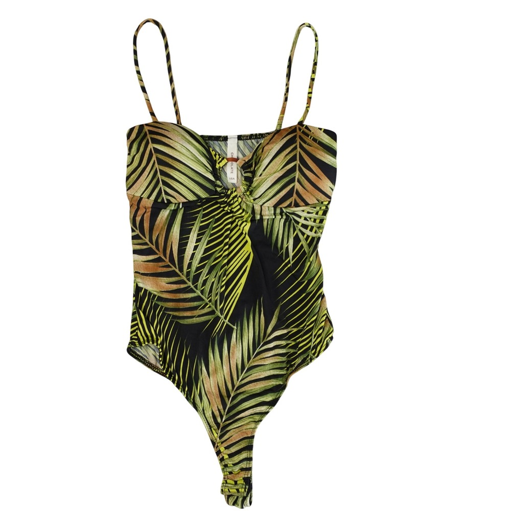 Vintage Bodysuit Small Green Palm Leaf Print Thong Swimsuit Tropical‎ Retro Top